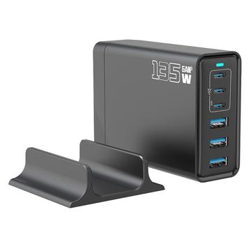 Chargeur de bureau GaN 135W / Station de charge haute vitesse à 6 ports - 3x USB-C, 3x USB-A - Noir