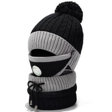 Bonnet d\'hiver 3 pièces en tricot coupe-vent, masque facial et cache-cou - Noir / Gris