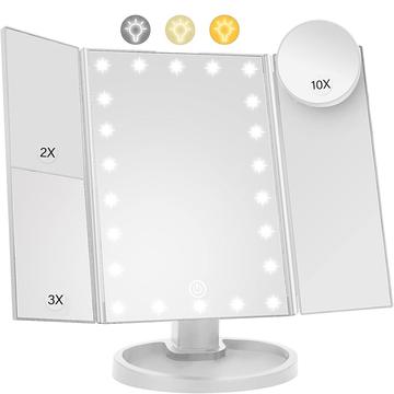 Miroir de maquillage pliable sur 3 côtés avec 22 lumières LED - grossissement 1X/2X/3X/10X - blanc