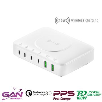 4smarts Station de charge GaN 7-en-1 - 100W, 4x USB-C, 2x USB-A - Blanc