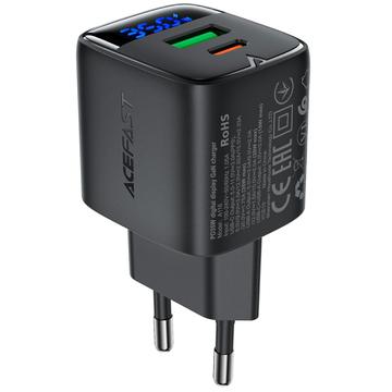 Chargeur rapide Acefast A116 GaN 35W à double port avec affichage LED de la puissance - Noir