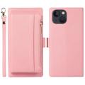 Étui Portefeuille iPhone 14 2-en-1 Magnétique avec Fermeture Éclair - Rose