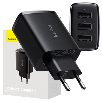 Baseus Compact Quick Charger CCXJ020101, 3x USB, 17W - Noir