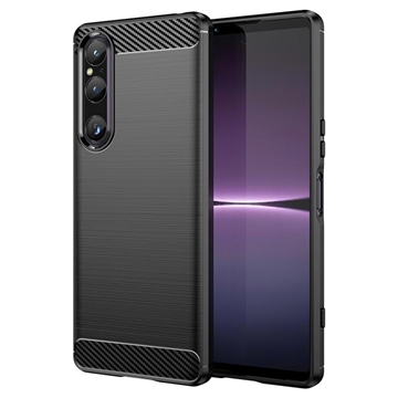 Coque Sony Xperia 1 V en TPU Brossé - Fibre de Carbone - Noire