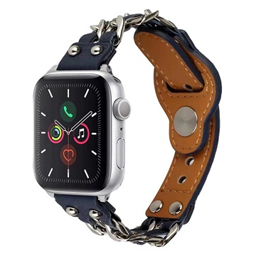 Bracelet Apple Watch Series Ultra 2/Ultra/9/8/SE (2022)/7/SE/6/5/4/3/2/1 en Cuir et Chaîne - 49mm/45mm/44mm/42mm - Bleu