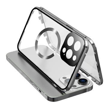 Compatible avec l\'étui MagSafe pour iPhone 15 Pro Cadre magnétique en métal + coque en verre trempé double face avec fermeture à boucle - Argent