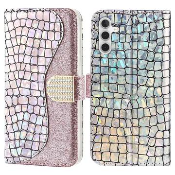 Etui Portefeuille Samsung Galaxy A14 - Série Croco Bling - Rose doré