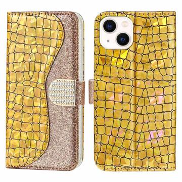 Etui Portefeuille iPhone 14 Plus - Série Croco Bling - Doré