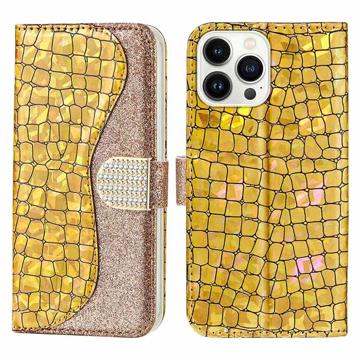 Etui Portefeuille iPhone 14 Pro - Série Croco Bling - Doré