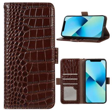 Étui Portefeuille iPhone 14 en Cuir avec RFID Crocodile Séries - Marron