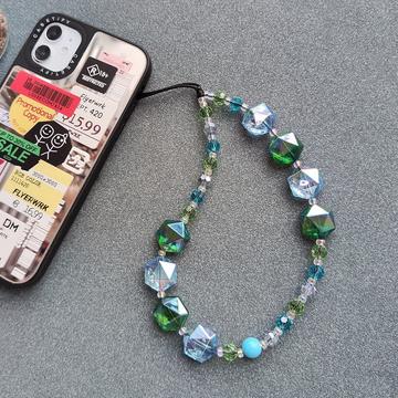 Bracelet de téléphone en perles de cristal - 30cm - Vert / Bleu