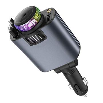 Chargeur de voiture D1 5-en-1 45W avec projecteur de lumière étoilée, diffuseur d\'aromathérapie et câbles USB-C / Lightning rétractables.