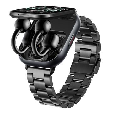 D12 Montre intelligente 2-en-1 avec écouteurs sans fil à clipser - bracelet en acier inoxydable - noir