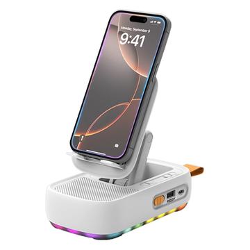 F15 Support de téléphone pliable 3-en-1 avec haut-parleur Bluetooth et banque d\'alimentation 1200mAh - Blanc
