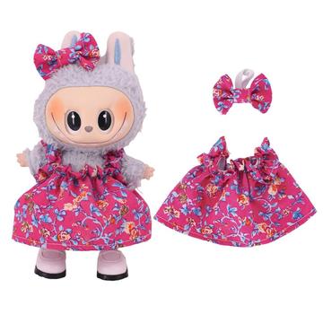 Robe de fête florale et bandeau avec nœud papillon pour Labubu Mini Figure 17cm - Rose Vif