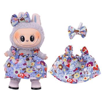 Robe de fête à fleurs et bandeau à nœuds pour Labubu Mini Figure 17cm - Bleu clair