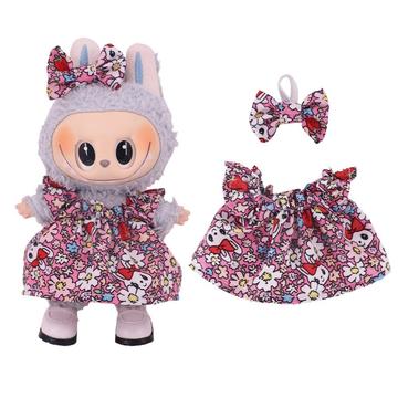 Robe de fête florale et bandeau avec nœud papillon pour Labubu Mini Figure 17cm - Rose