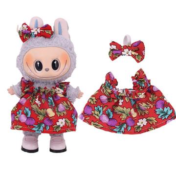 Robe de fête florale et bandeau à nœuds pour Labubu Mini Figure 17cm - Rouge