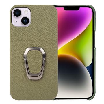 Coque iPhone 14 Plus Revêtue de Cuir avec Support Bague - Vert Foncé