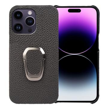 Coque iPhone 14 Pro Max Revêtue de Cuir avec Support Bague - Noire