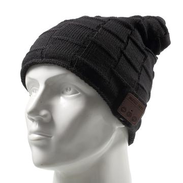 Chapeau chaud d\'hiver en tricot à motif quadrillé avec écouteurs et microphone Bluetooth sans fil intégrés - Noir