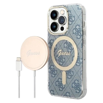 Coque iPhone 14 Pro avec Chargeur Sans Fil - Guess 4G Edition Bundle Pack - Bleu