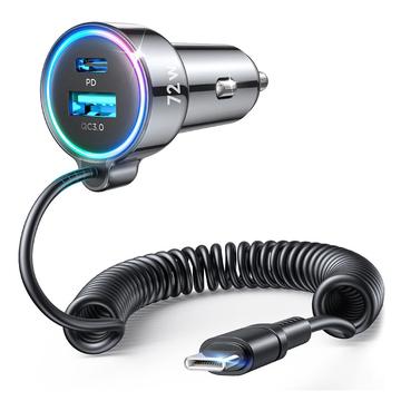 Joyroom JR-CL07 Chargeur rapide 3-en-1 pour voiture 72W - USB-C, USB-A - Noir