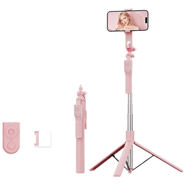 Perche à selfie Bluetooth K50 avec télécommande TikTok et éclairage d\'appoint à 6 modes - Rose