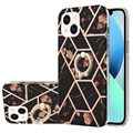 iPhone 15 Marble Pattern IMD TPU Case with Ring Holder - Noir