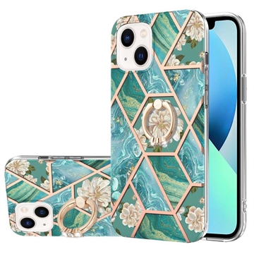 iPhone 15 Plus Marble Pattern IMD TPU Case with Ring Holder - Vert