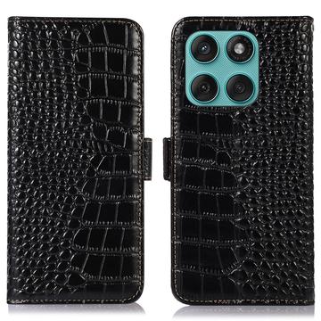 Étui Portefeuille Motorola Edge 60 Fusion en Cuir avec RFID - Série Crocodile - Noir