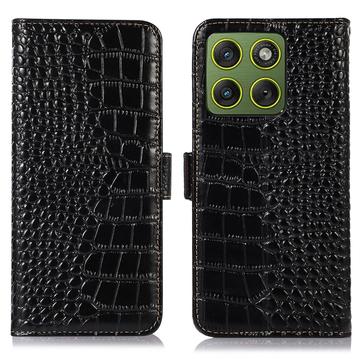 Étui Portefeuille Motorola Edge 70 en Cuir avec RFID - Série Crocodile - Noir