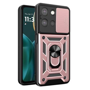 Coque Hybride Motorola Moto G (2025) à Anneau Rotatif avec Protection pour Appareil Photo - Rose Doré