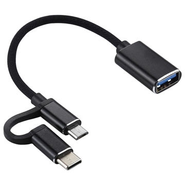 Câble Adaptateur OTG USB 3.0 vers USB-C / MicroUSB Tressé en Nylon - Noir