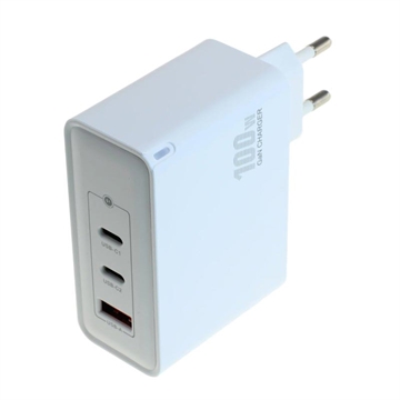 OTB Chargeur USB GaN 100W - 2x USB-C & 1x USB-A, charge rapide avec Power Delivery - Blanc