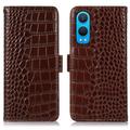 Étui Portefeuille OnePlus Nord CE4 Lite/Oppo K12x en Cuir avec RFID - Série Crocodile - Marron