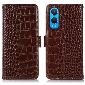 Étui Portefeuille OnePlus Nord CE4 Lite/Oppo K12x en Cuir avec RFID - Série Crocodile - Marron