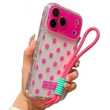 Coque PC/TPU iPhone 17 Pro Max avec film pour objectif et sangle - Polka Dot - Rose Vif