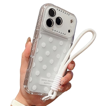 Coque PC/TPU iPhone 17 Pro Max avec film pour objectif et sangle - Polka Dot - Blanche