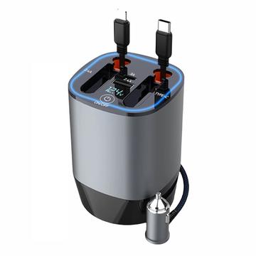 Chargeur de voiture PT-17 PD 100W avec câbles rétractables Lightning/USB-C, affichage de la tension et rafraîchisseur d\'air - Gris