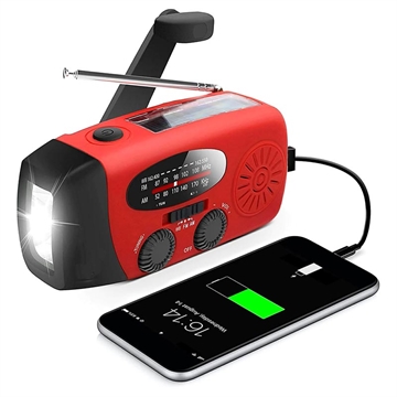 Radio Solaire Portable à Manivelle avec Lampe de Poche LED, Fonction de Batterie Externe - Rouge