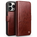 Etui Portefeuille iPhone 15 Pro Max en Cuir Qialino Classic - Marron Foncé