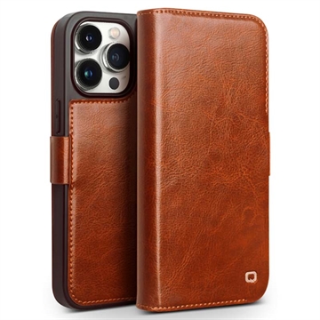 Etui Portefeuille iPhone 15 Pro Max en Cuir Qialino Classic - Marron Clair