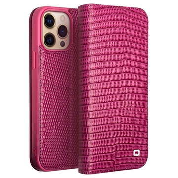 Étui Portefeuille iPhone 14 Pro en Cuir Qialino - Crocodile - Rose Vif