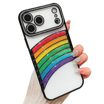 Coque hybride iPhone 17 Pro Max sables mouvants arc-en-ciel avec appareil photo en strass