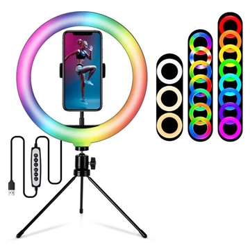 S26-RGB 10" Anneau lumineux LED RGB, lumière de remplissage pour photographie Selfie, avec support de téléphone et trépied (lumière d\'appoint pour la photographie de selfie avec support de téléphone et trépied)