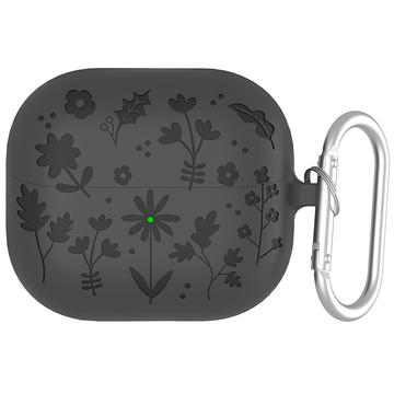 Étui en silicone liquide à motif floral Samsung Galaxy Buds3/Buds3 Pro avec mousqueton - Gris foncé