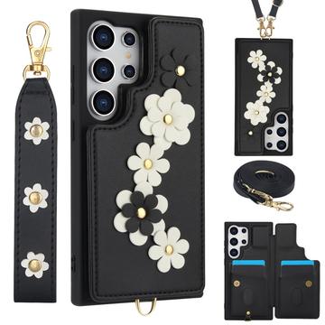 Étui à décor de fleurs Samsung Galaxy S24 Ultra avec sangle - Noir