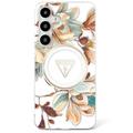 Coque MagSafe Samsung Galaxy S25 Guess Glitter Flowers Triangle Buttons - Blanche