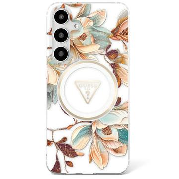 Coque MagSafe Samsung Galaxy S25 Guess Glitter Flowers Triangle Buttons - Blanche